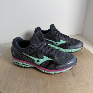 Mizuno Wave Running Shoes Womens Size 9 Black Teal Pink